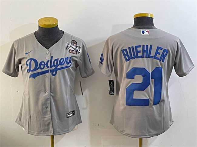 Women%27s Los Angeles Dodgers #21 Walker Buehler Grey 2024 World Series Cool Base Stitched Jersey(Run Small)